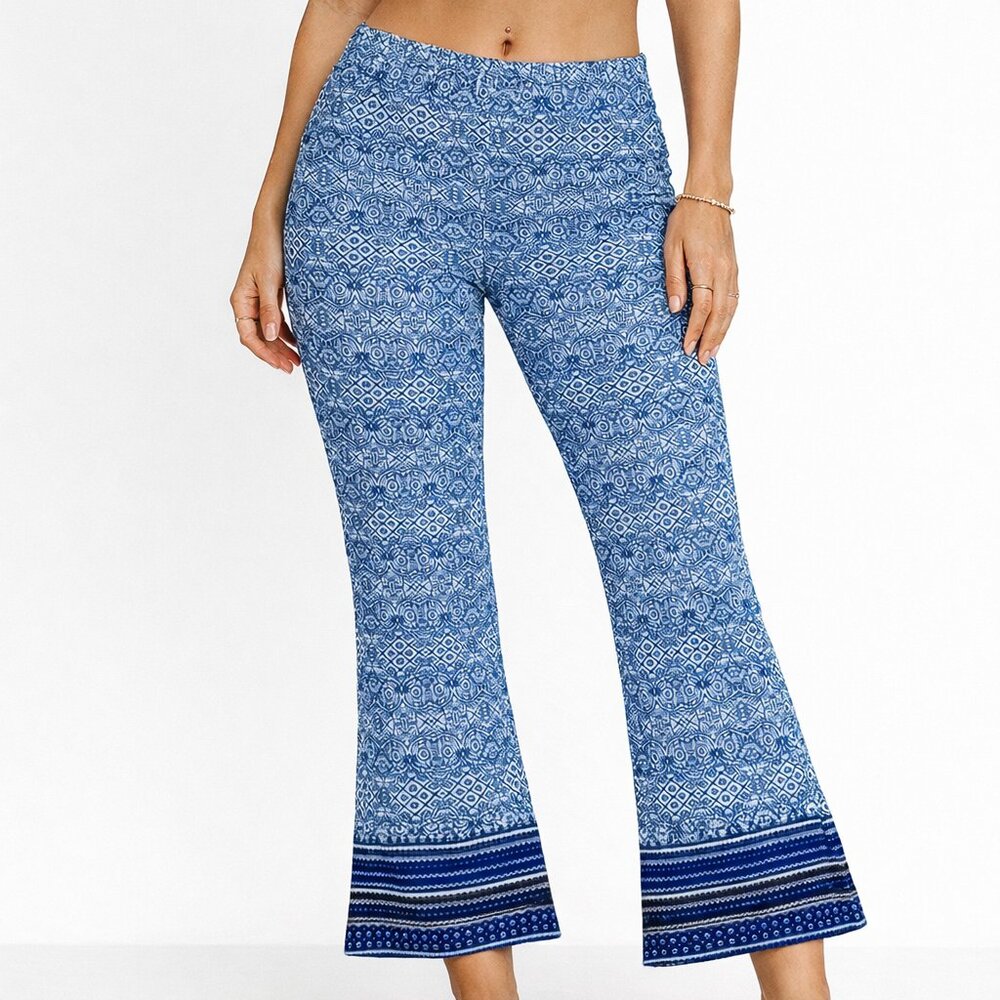 Boho Hippie Blue Floral Paisley Flared Pants Size Large Rayon Pull On Festival